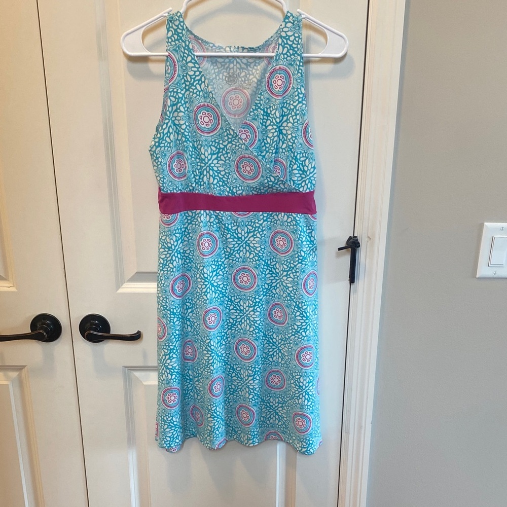 lola Aqua Floral Midi Dress with Pink Waistband